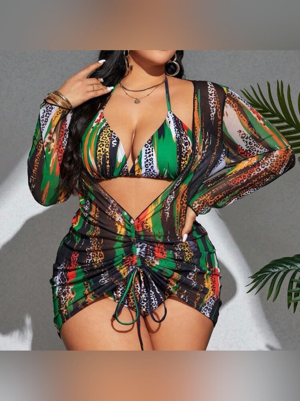 🆕 NEW Without Tags Green Animal Print Ruched Bikini & Cover-Up 3 Piece Set - 2XL